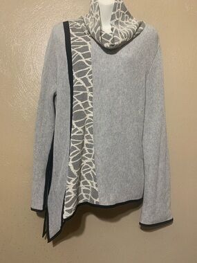 Jaskar L Light Gray Cowl Neck Asymmetrical Sweater Ivory Patterned Black Trim